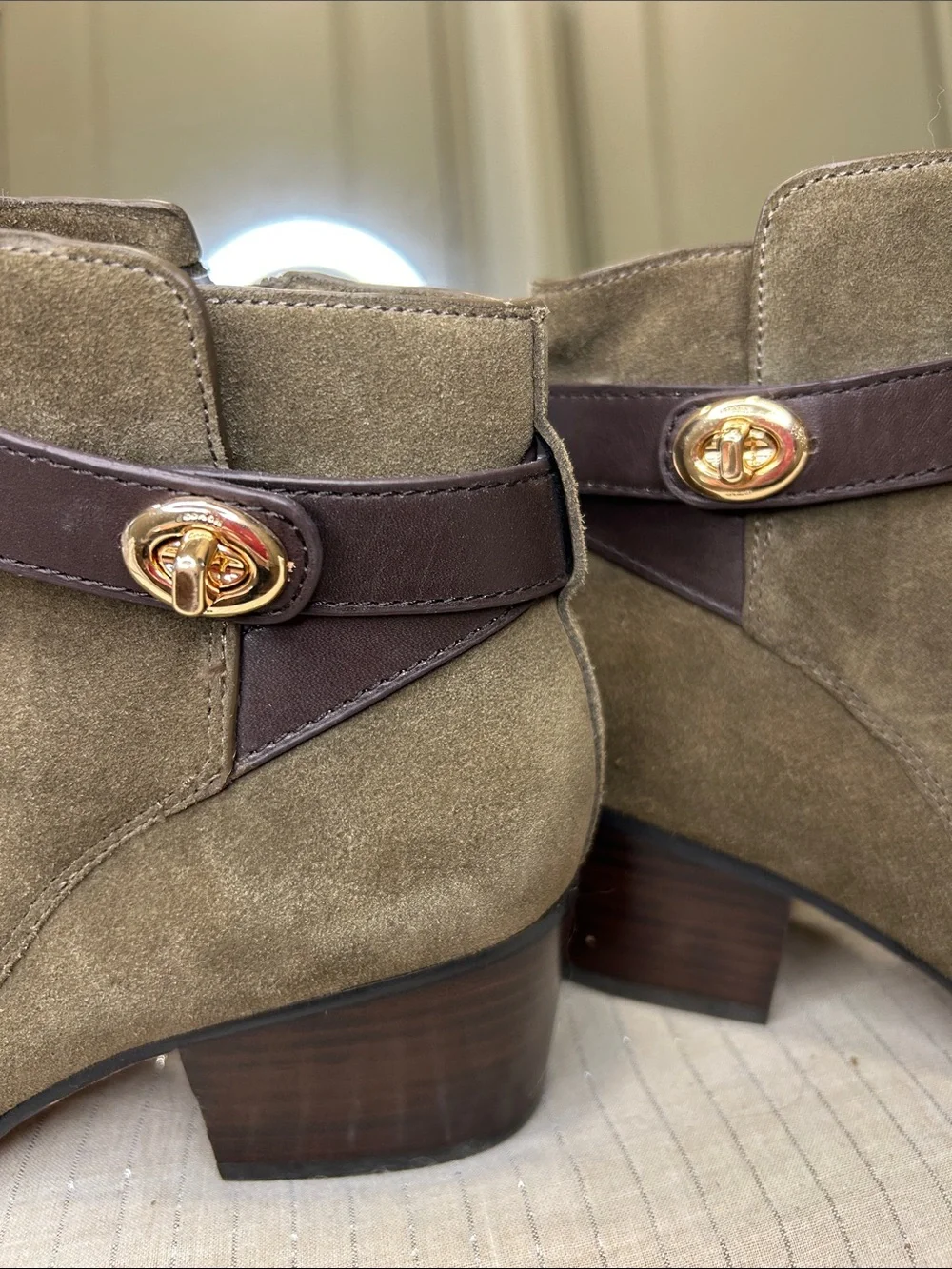 Coach Patricia Suede Ankle Booties – Fatigue Green / Chestnut